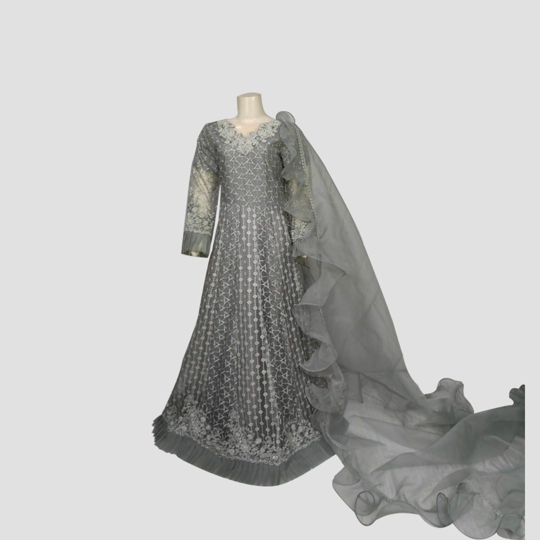 Steel Grey Shadowplay Dress – Elegant Frill Maxi