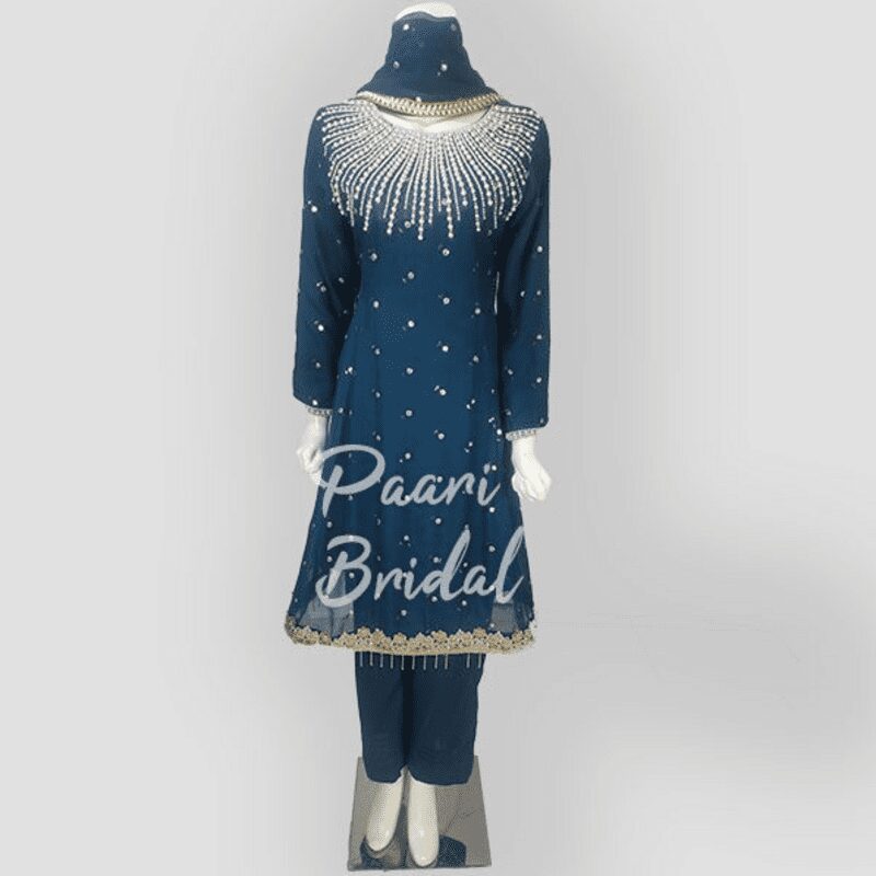 Blue Chiffon Embroidery Frock for Eid Festivities