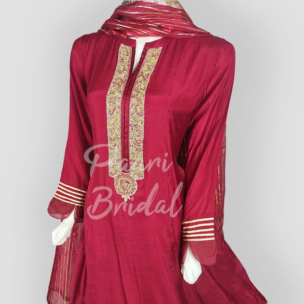 Red Suit with Handwork Neck Embroidery for Eid - Image 2