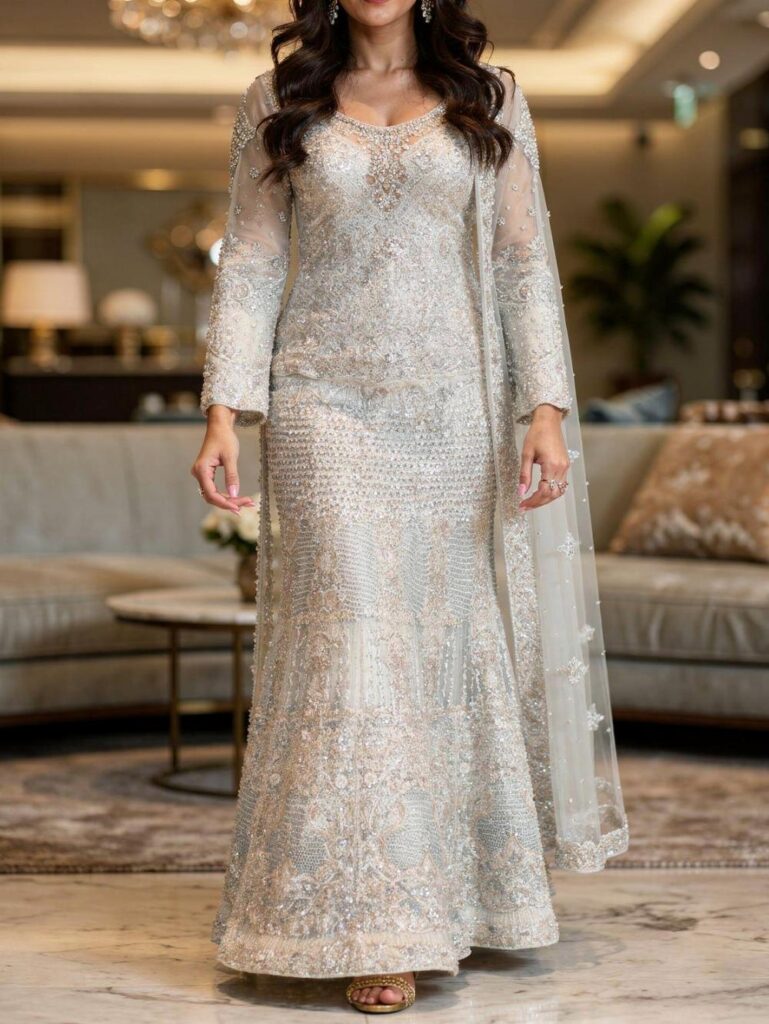 Silver Grey Walima Maxi Elegant Bridal Dress Silver Grey Walima Maxi Elegant Bridal Dress