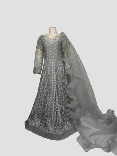 Steel Grey Shadowplay Dress – Elegant Frill Maxi