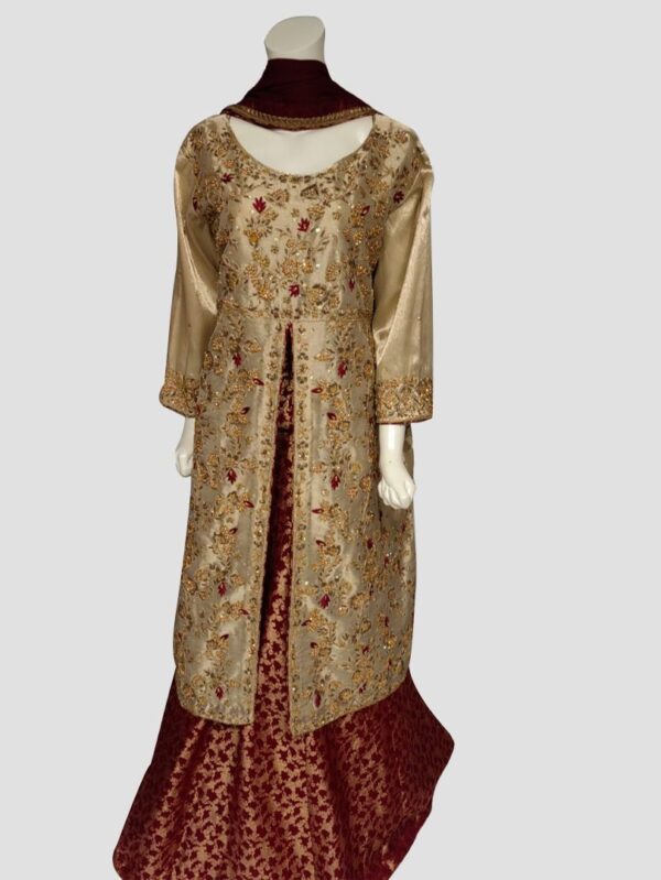 Elegant Gold and Maroon Gown for Formal Events