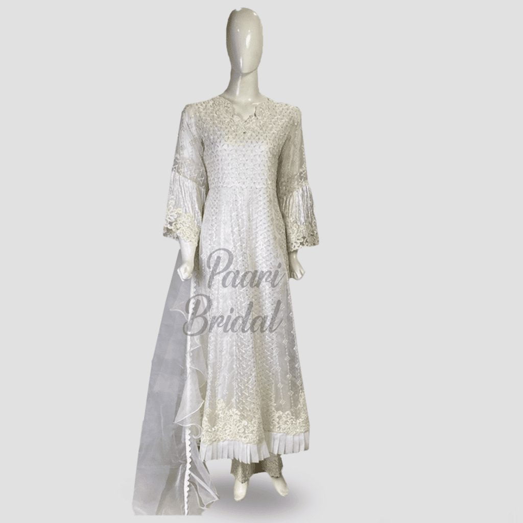 White Diamond Long Frock Dress with Crystal Work