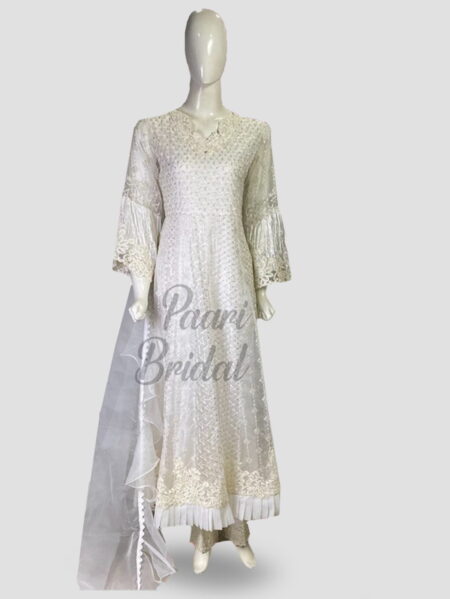 White Diamond Long Frock Dress with Crystal Work