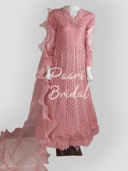 Elegant Organza Embroidery Frock In Pink for Eid