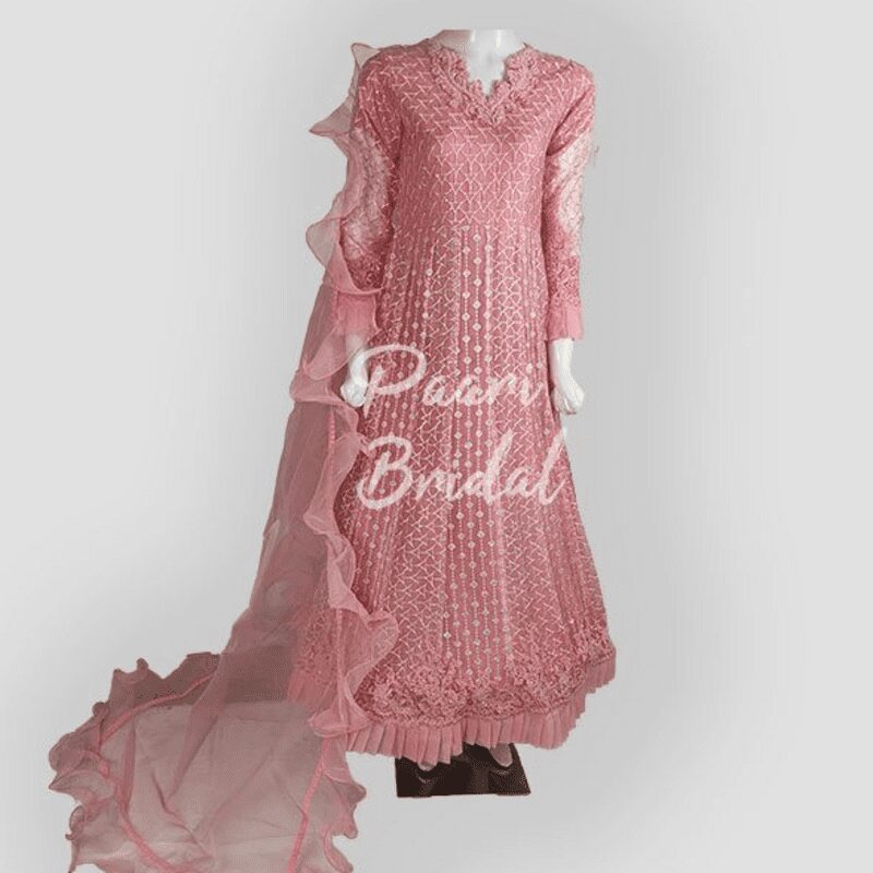 Elegant Organza Embroidery Frock In Pink for Eid 1 Elegant Organza Embroidery Frock In Pink for Eid