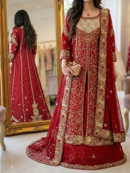 Elegant Long Shirt Chiffon Sharara for Brides | Red Bridal Wear