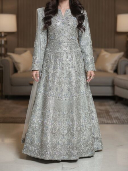 Elegant Grey Bridal Maxi with Handwork Details