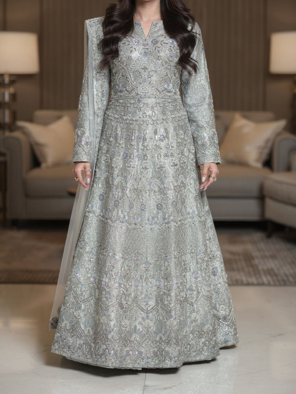 Elegant Grey Bridal Maxi with Handwork Details 1 Elegant Grey Bridal Maxi with Handwork Details
