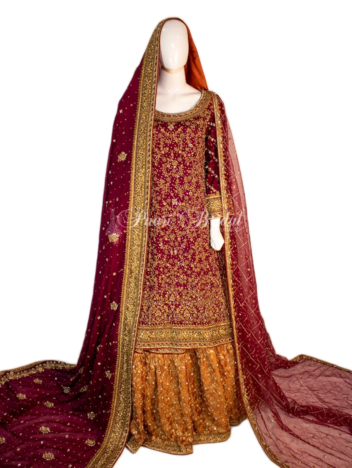 green emerald velvet dress Bridal Maxi with Lehenga Dupatta Red and Golden Dress Pakistani Medium main image 1