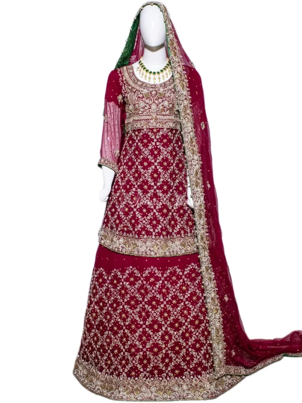 Scarlet Red & Green Bridal Sharara with Handwork Details