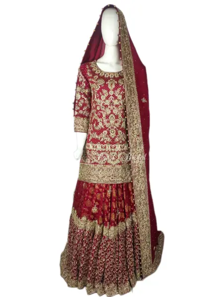 Traditional Scarlet Red Bridal Farshi Sharara with Embroidery