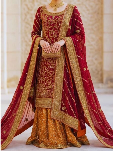 Majestic Pakistani bridal lehenga in maroon with heavy gold embroidery and matching dupatta Paari Bridal