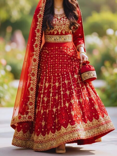 Blood Red Bridal Sharara – Pearl & Sequin Elegance