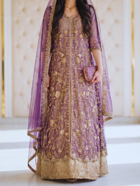 Elegant Purple & Fawn Bridal Gown