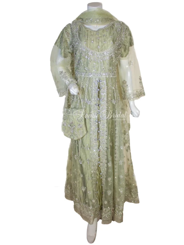 Stylish Pista Green Front Open Maxi – Net & Cruch with Intricate Machine Embroidery