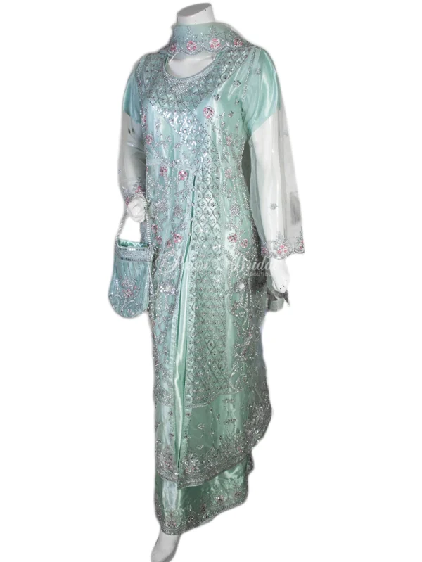 Stylish Pista Green Angrakha Maxi – Net & Shamoz Silk with Intricate Embroidery