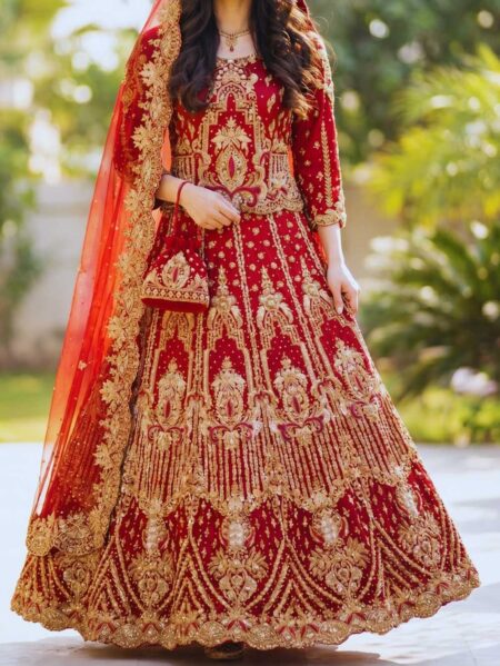 Royal Bridal Sharara – Pearl & Golden Cora Detailing
