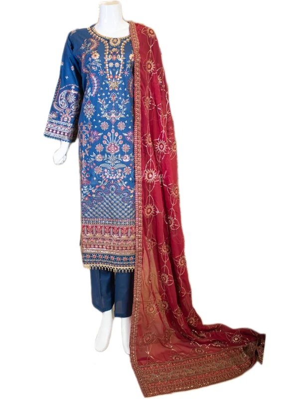 Luxury Blue & Red Lawn Suit – Elegant Party Wear!