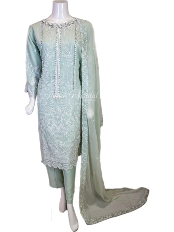 Stone-Embellished Pista Green Party Wear Suit – Shine in Style!