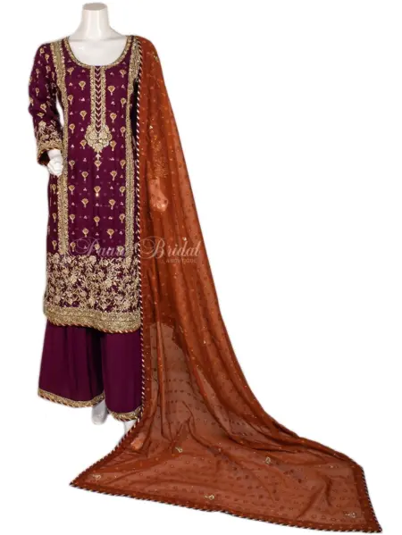 Elegant Bridesmaids Dress in Maroon with Golden Embroidery