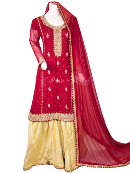 Red Golden Sharara with Banarsi Pants – Shine Bright!