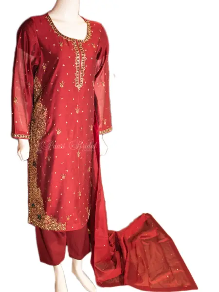 Red Khaddi Shirt Trouser with Antique Dabka Work