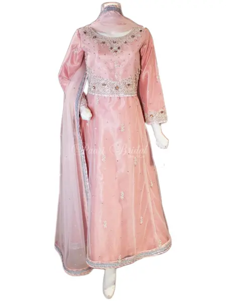 Pink Handmade Maxi Dress with Stunning Silver Dabka Work