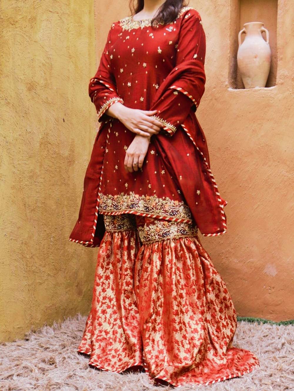 Captivating Gharara Suit Maroon Elegance | Paari Bridal 1 Gharara suit Full front view maroon with khaddi net shirt and jamawar gharara by Paari Bridal