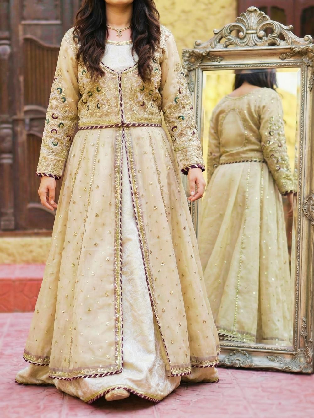 Radiant Engagement Dress Design Golden Choli | Paari Bridal 1 golden engagement dress design choli sharara with embroidered dupatta and purple border detailing