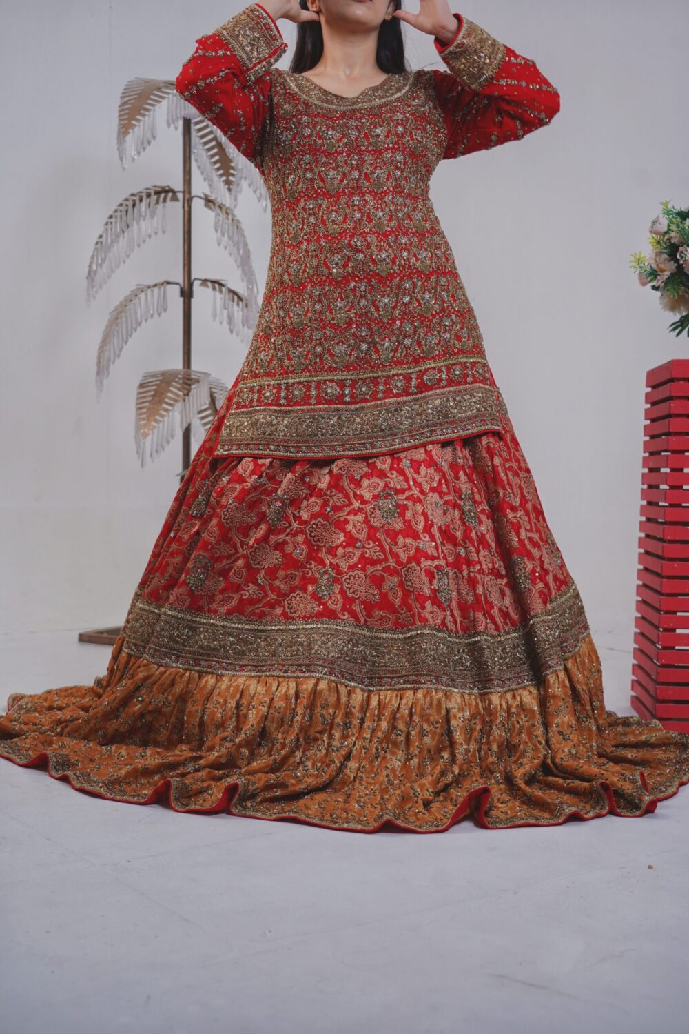 Barat Bridal Farshi Sharara – Red & Rust Elegance