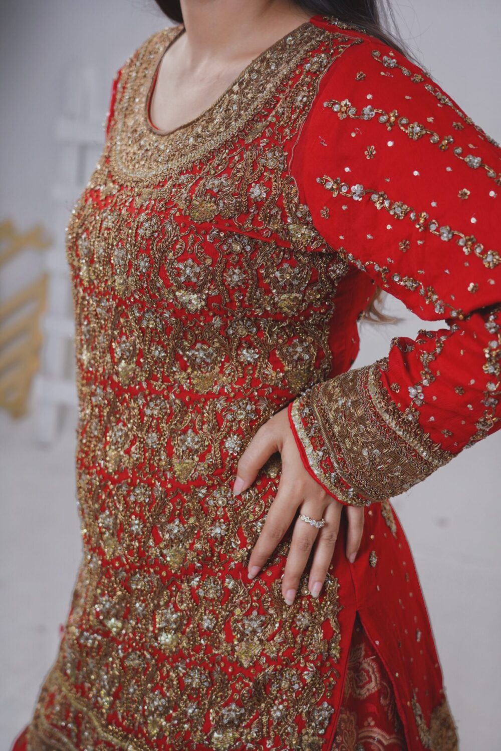 Barat Bridal Farshi Sharara – Red & Rust Elegance - Image 3