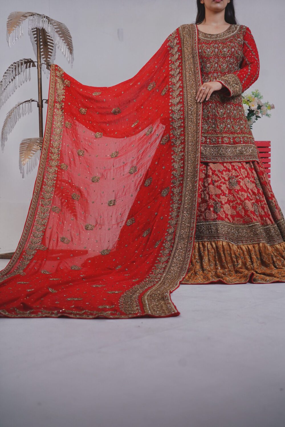 Barat Bridal Farshi Sharara – Red & Rust Elegance - Image 4
