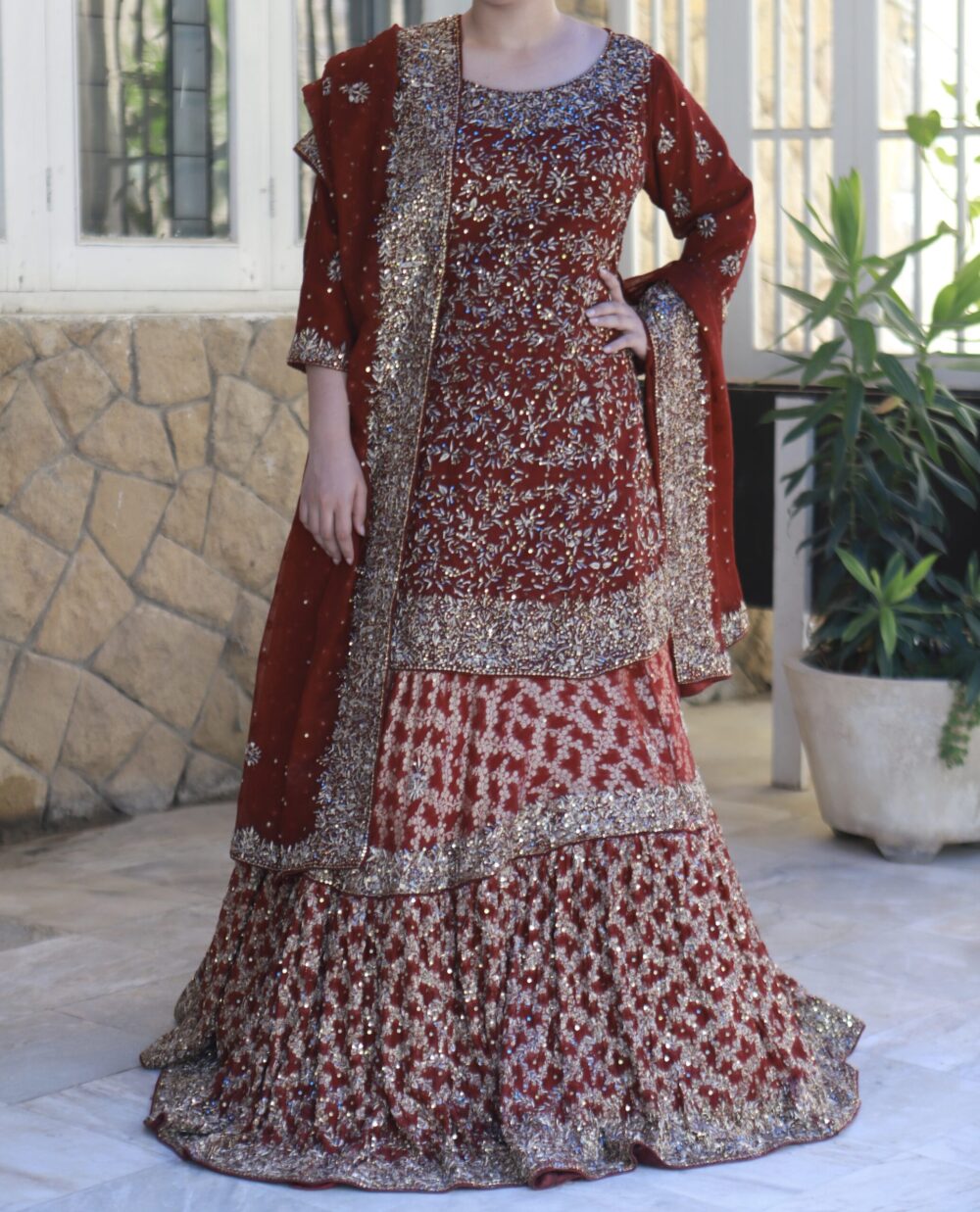 Regal Maroon – Barat Farshi Sharara with Peplum - Image 2