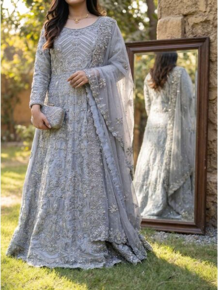Full front view of embroidered ice blue walima maxi dress 2026 with net dupatta Paari Bridal
