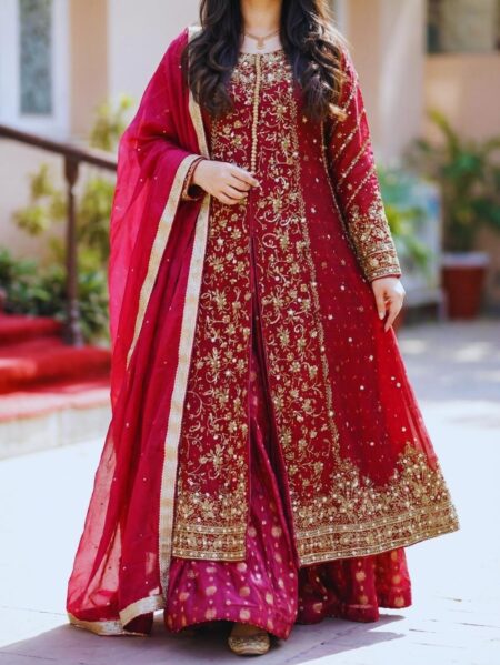 Full front view maroon front open maxi Party wear dresses pakistani with gold embroidered border and banarsi sharara Paari Bridal