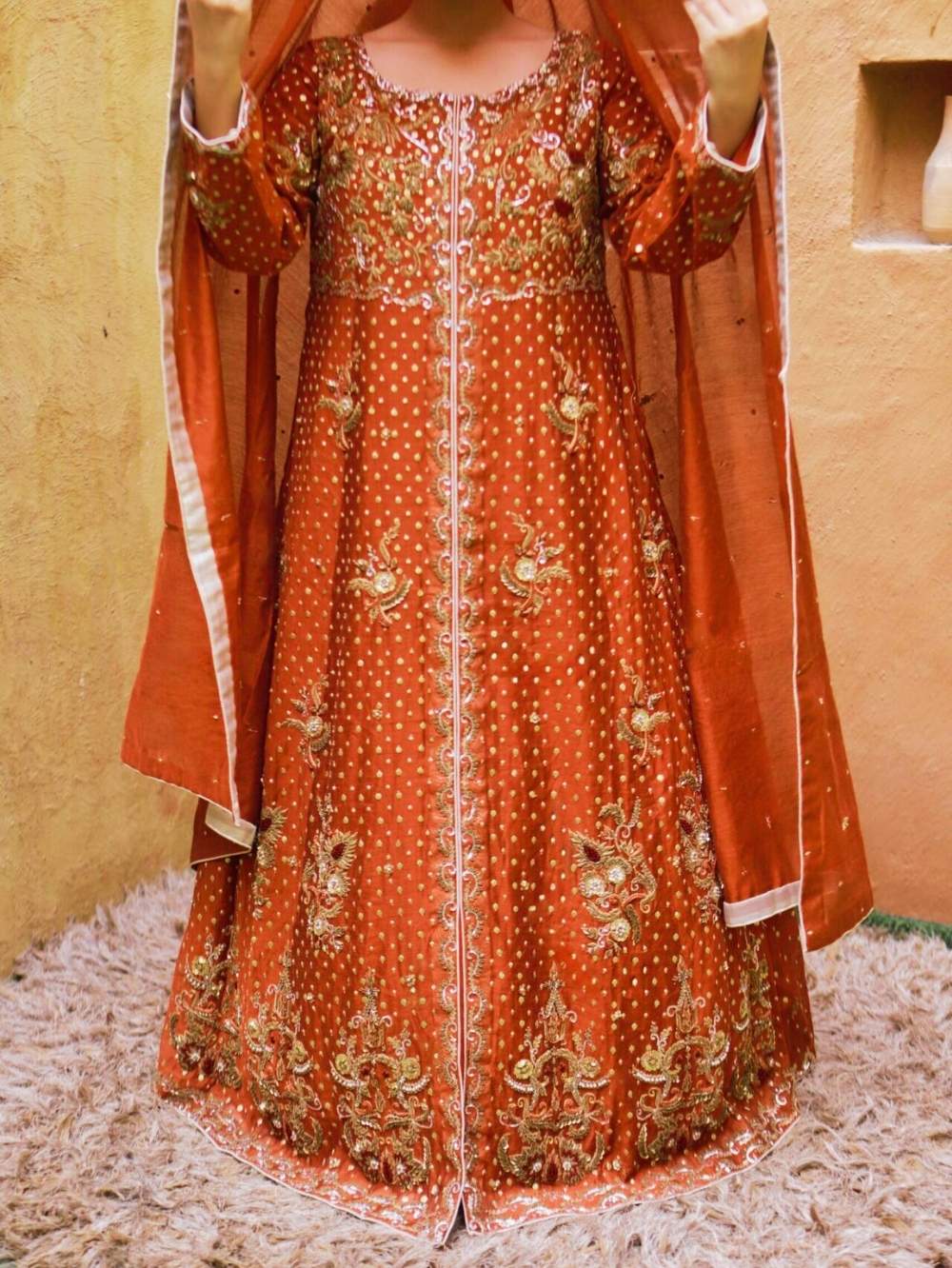 Party Wear Maxi Rust Front Open | Paari Bridal 1 rust party wear maxi with matching dupatta draped on head showing front open silhouette