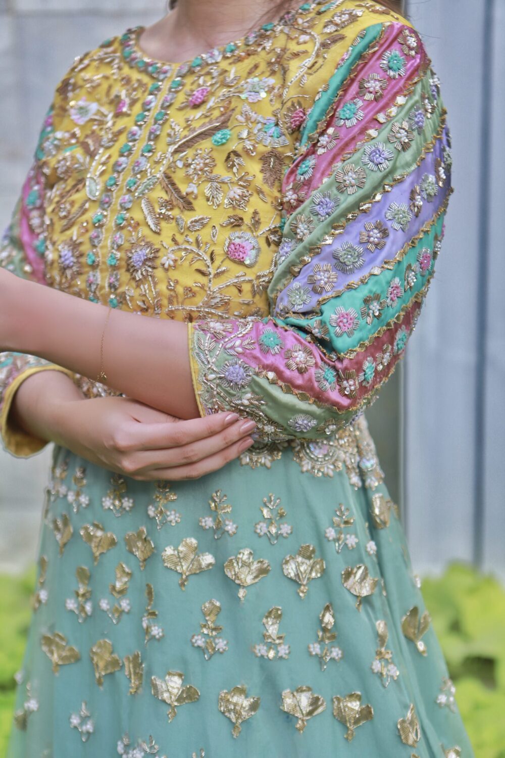 Ferozi & Yellow Elegance – Walima Bridal Choli Sharara - Image 2