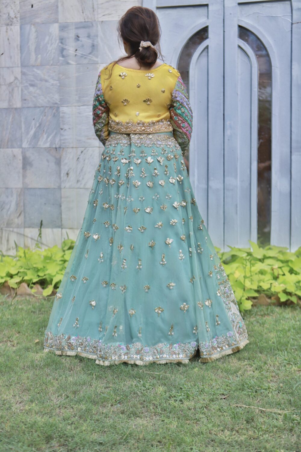 Ferozi & Yellow Elegance – Walima Bridal Choli Sharara - Image 3