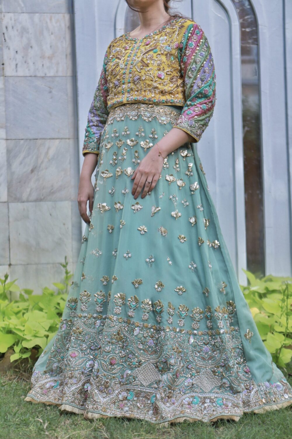 Ferozi & Yellow Elegance – Walima Bridal Choli Sharara