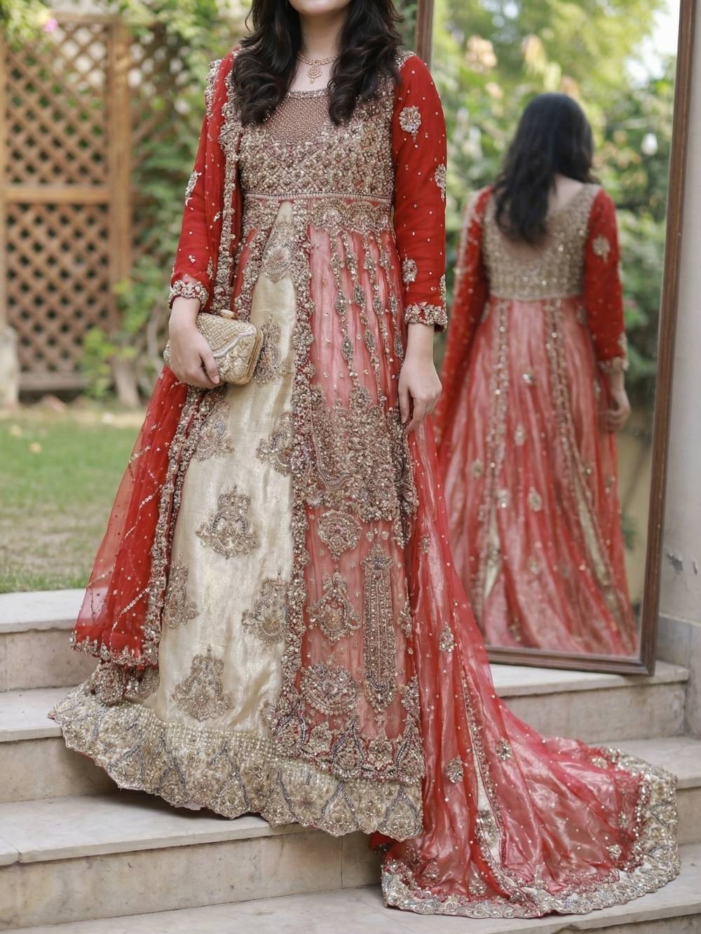 Nikkah and Barat Tail Maxi Dress – Crimson Red Gold Majesty 1 Red and gold nikkah and barat tail maxi dress front view with mirror reflection Paari Bridal