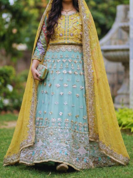 Full front view ferozi and yellow mehndi dress choli sharara showing dupatta drape and embroidered bodice