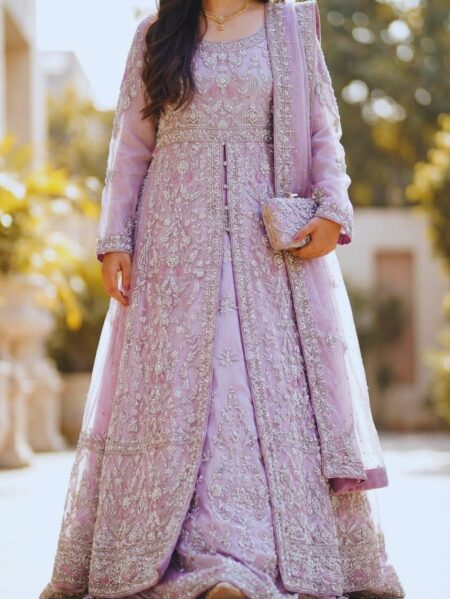 Full front view lavender majesty walima bridal front open maxi with flared anarkali