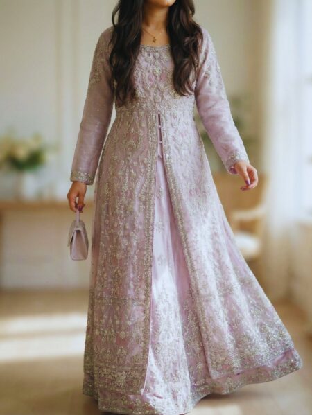 Full front view lavender majesty walima bridal front open maxi with flared anarkali