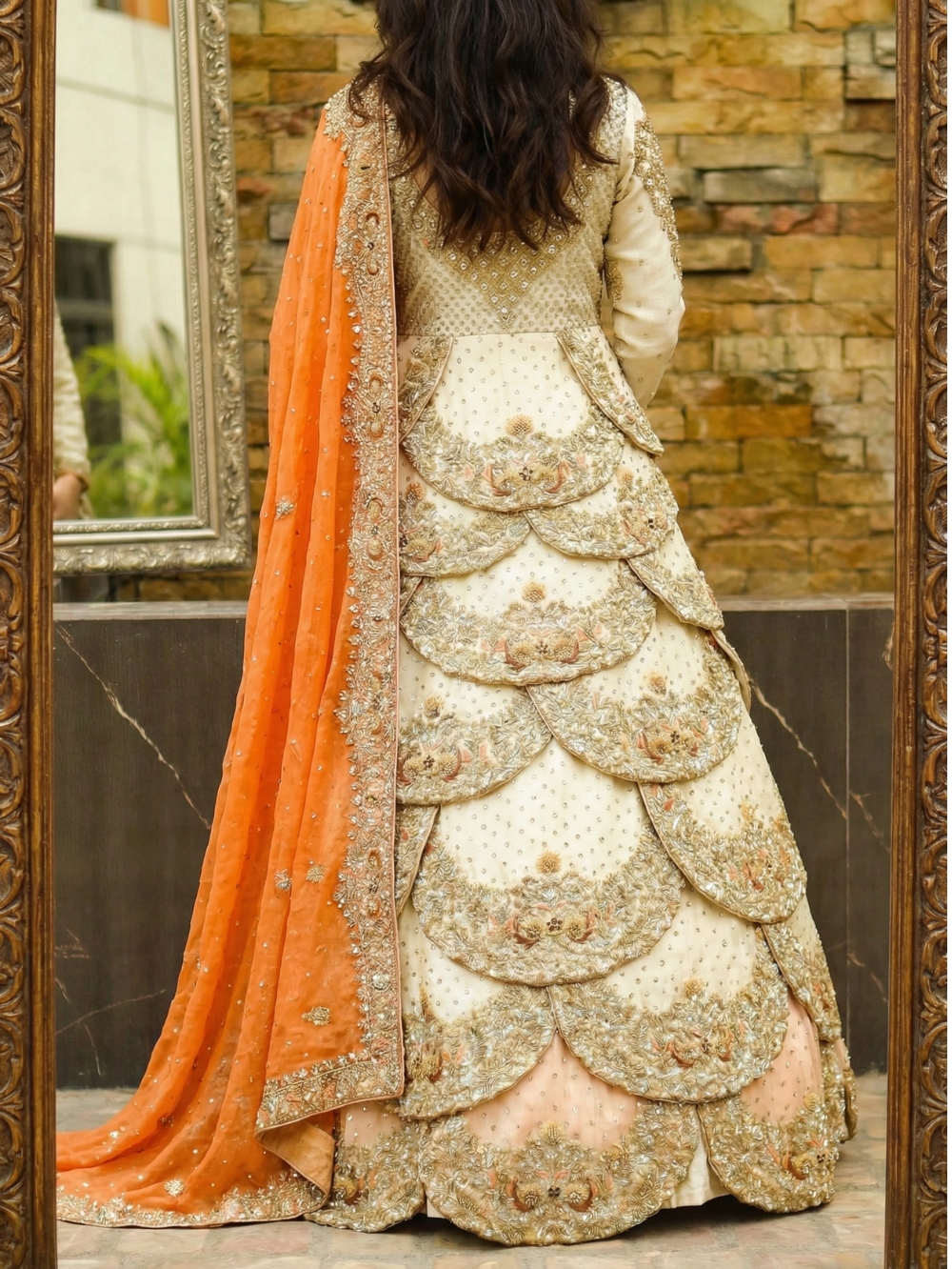 Walima Bridal Maxi – White Sunset Elegance 2 Back view walima bridal maxi white sunset elegance with scalloped petal layer skirt and orange dupatta Paari Bridal