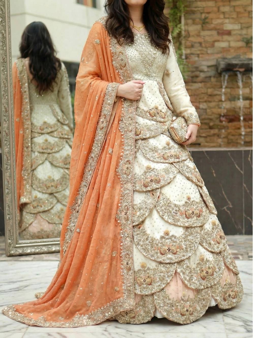 Walima Bridal Maxi – White Sunset Elegance 1 Front view walima bridal maxi ivory with scalloped embroidered petal layers and sunset orange dupatta