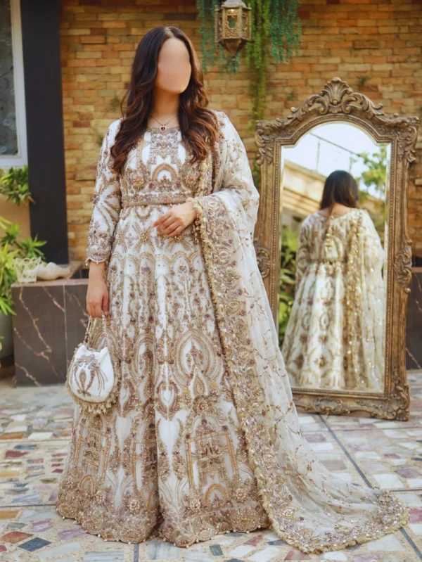 Wedding Dress in Traditional Pishwas Frock Style-Ivory Radiance