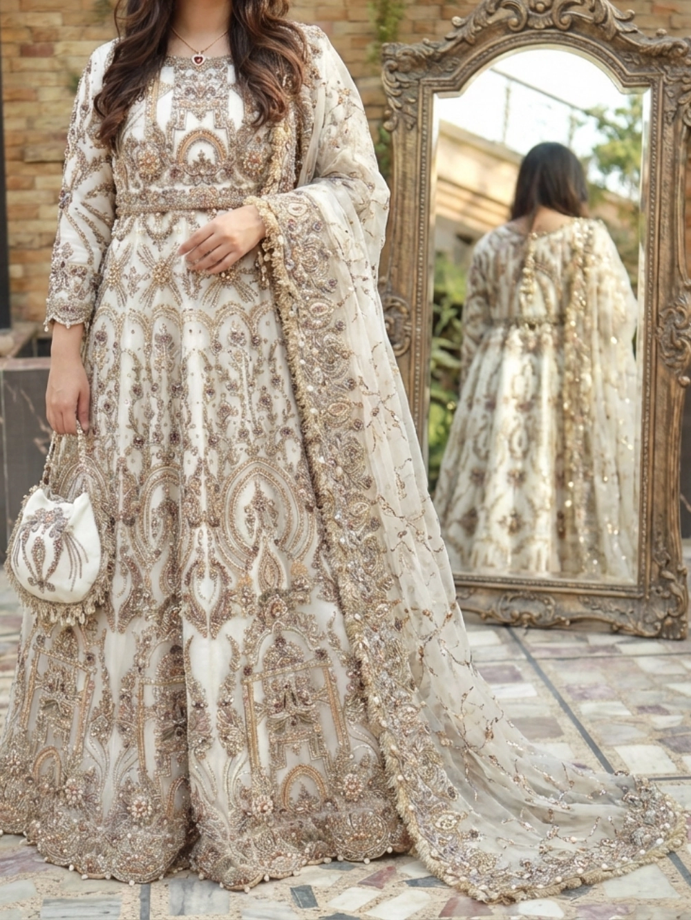 Wedding Dress in Traditional Pishwas Frock Style-Ivory gold