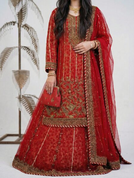 Pakistani bridal Maroon lehenga with embroidered dupatta and gold borders