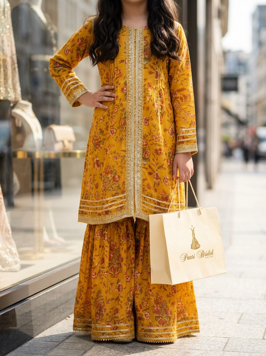 Mustard floral kurta sharara set for girls with gold trim and matching flared sharara by Paari Bridal
